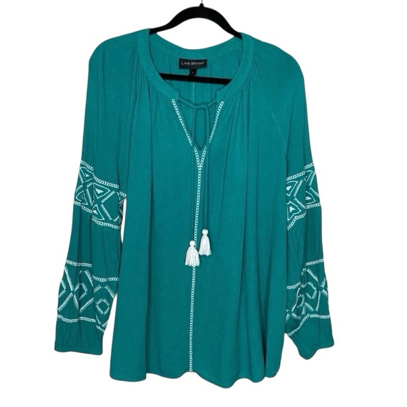 Lane Bryant Teal Embroidered Boho Peasant Top Tassel Tie Long Sleeve - Picture 1 of 6